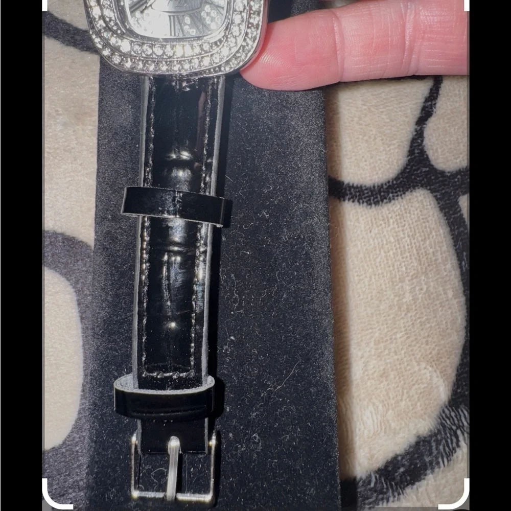 Women’s Square Design Starry Sky Quartz Watch With Diamonds black leather band
